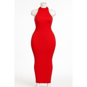 Women’s Red Halter Bodycon Maxi Dress – Sleeveless, Backless, Curve Sz xL